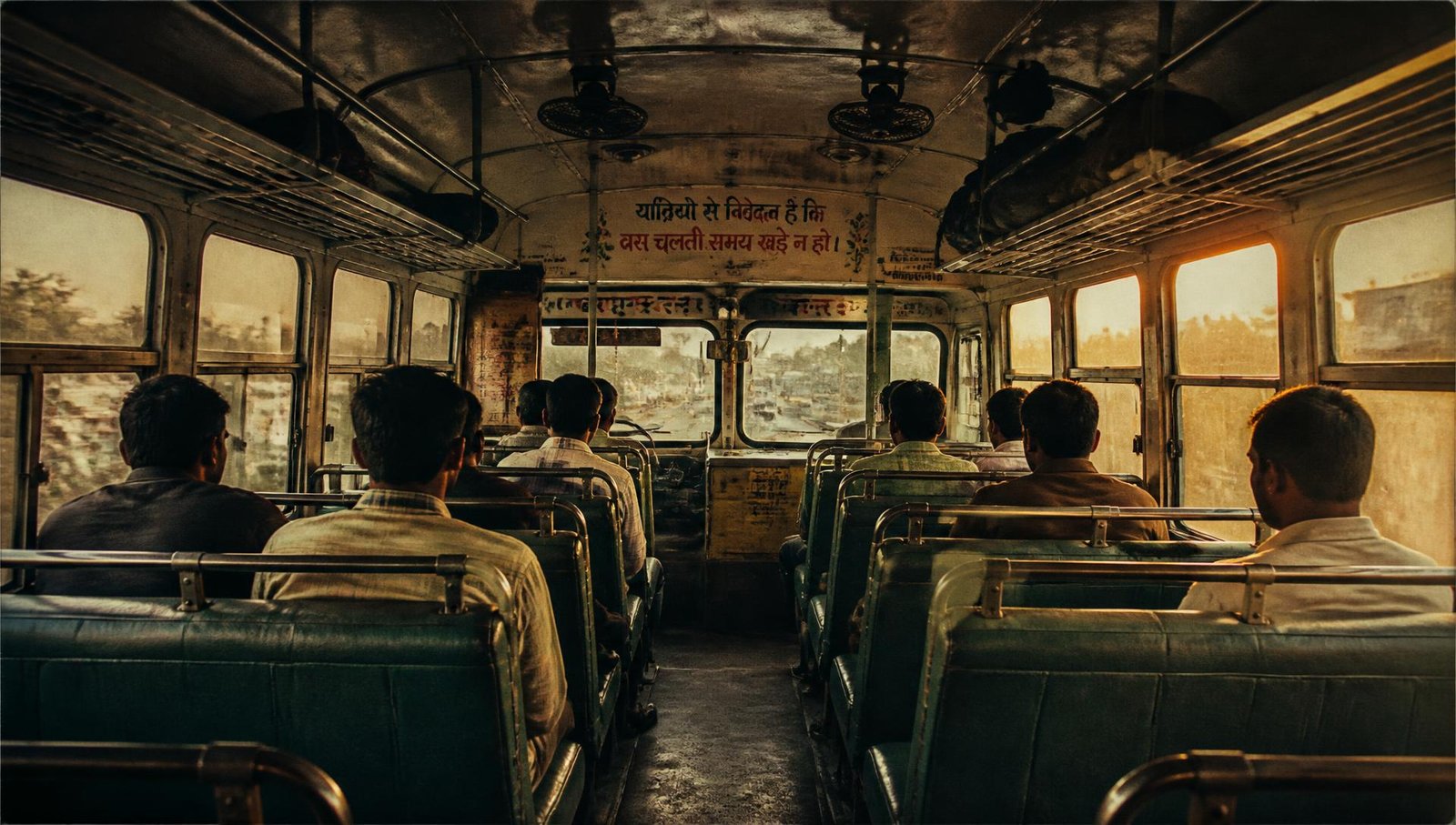 Interior of a retro 1990s Indian bus with passengers seated at dusk
